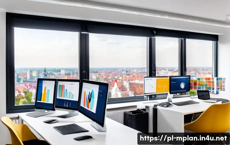 미디어 플래너 자격증 취득 방법 - A modern media planner workspace in a bright, stylish office in Warsaw, Poland, featuring a large de...