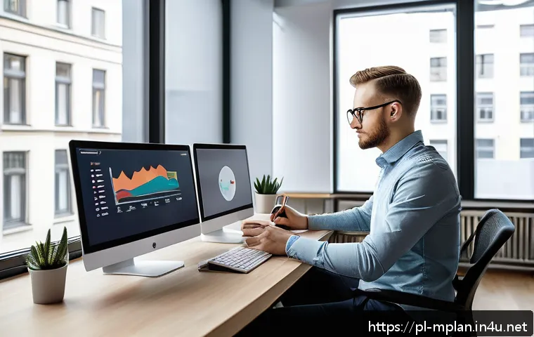 미디어 플래너 이직 준비 팁 - A professional media planner working in a modern office environment in Warsaw, Poland, analyzing dig...
