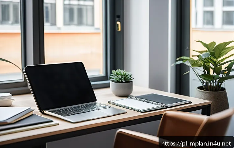 미디어 플래너의 업무 스트레스 관리 - A modern office workspace showing a focused media planner at a sleek desk, organizing daily tasks on...