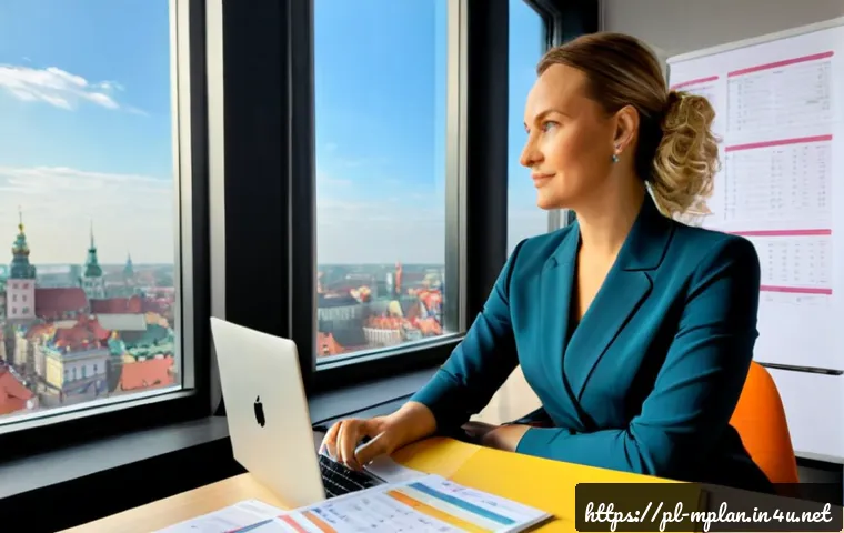 미디어 플래너 경력 전환 가이드 - Photorealistic Polish media professional transitioning careers, confident woman in her 30s seated at...